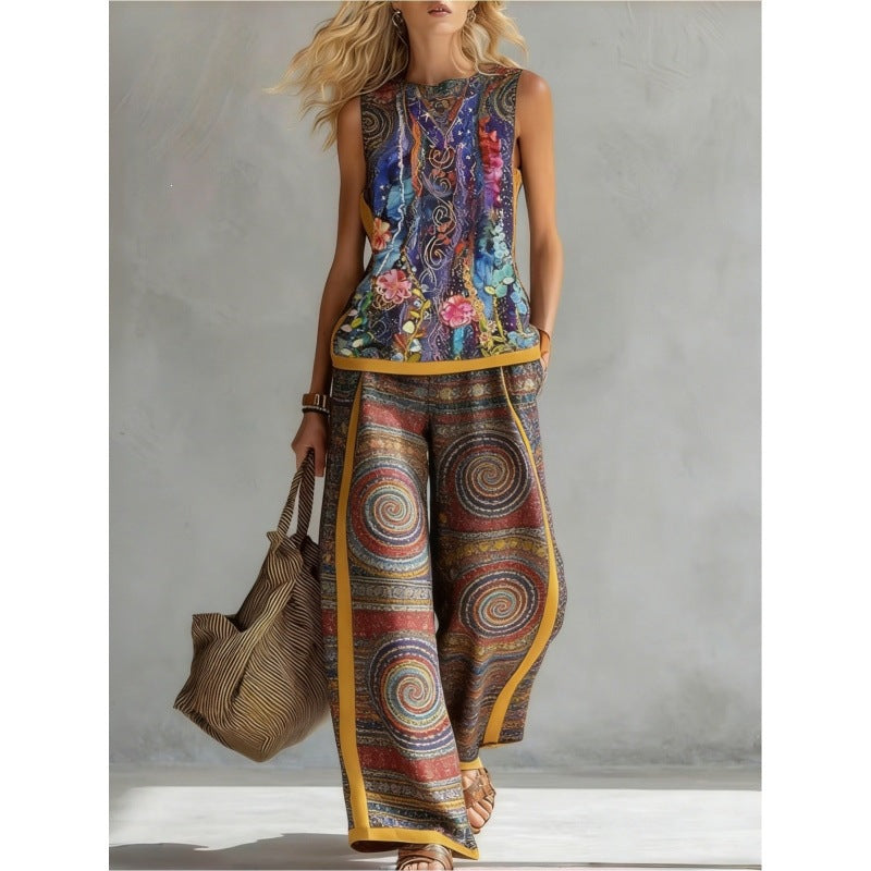 Printed Retro Sleeveless Top & Wide-Leg Pants Set | 12 Prints S–5XL FitiqueFit