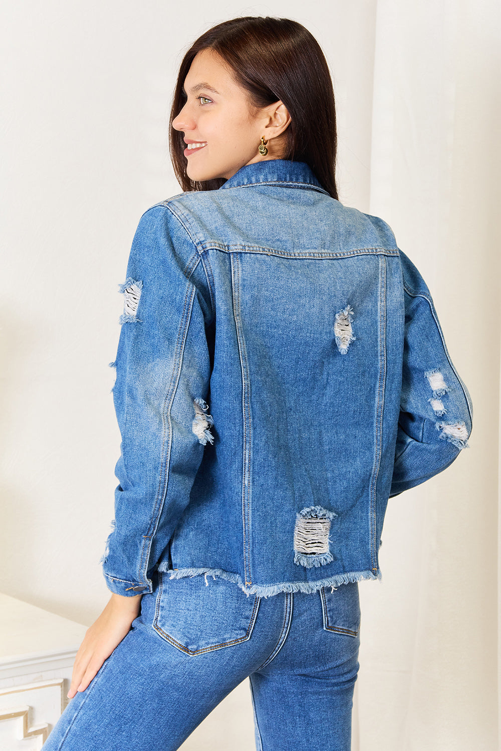 Baeful Leopard Floral Distressed Raw Hem Denim Jacket New Era Fashion LLc