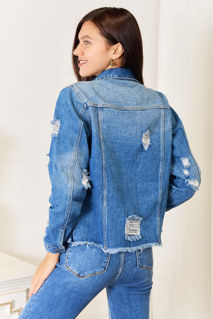 Baeful Leopard Floral Distressed Raw Hem Denim Jacket New Era Fashion LLc