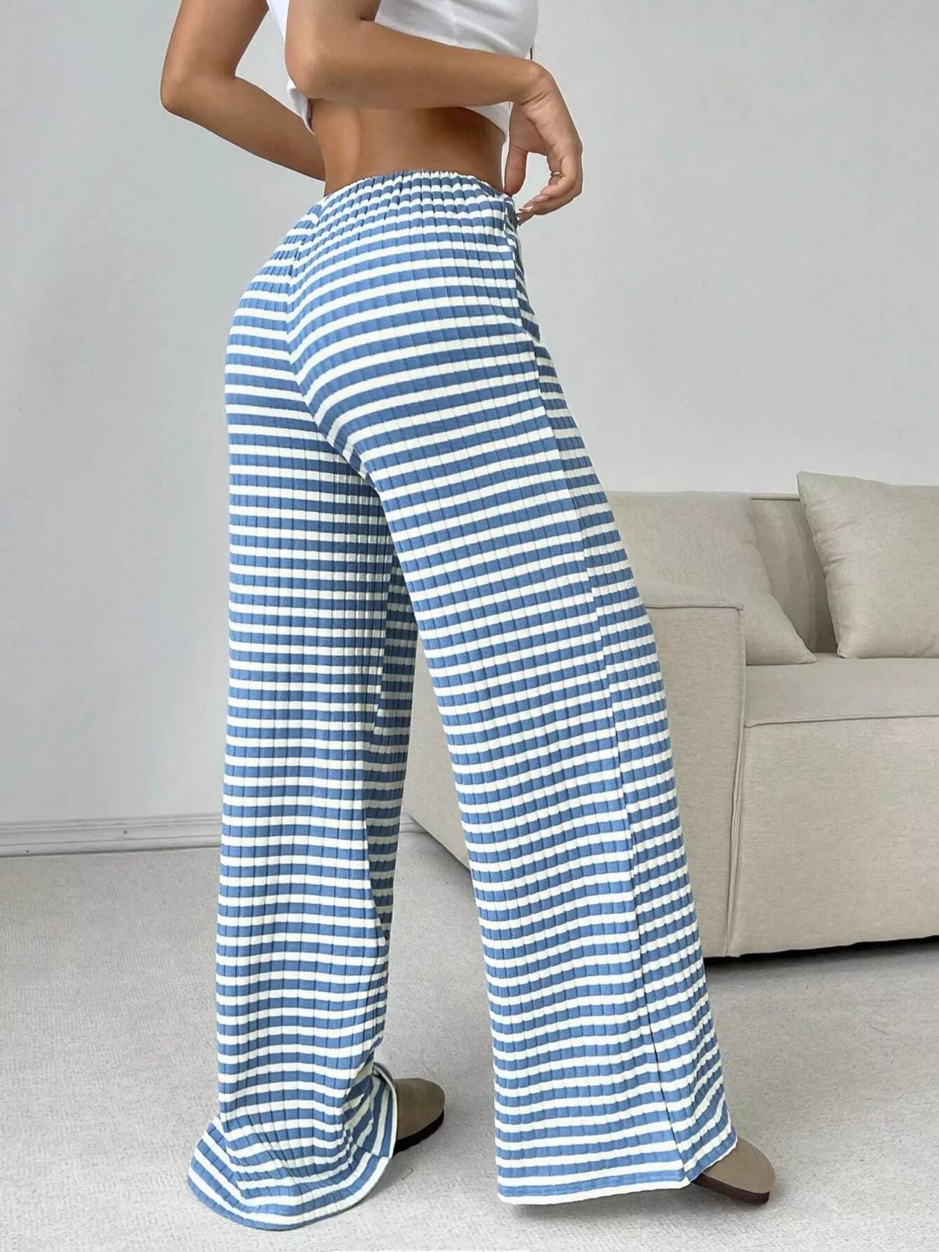 Striped Ribbed Knit Drawstring Waist Wide Leg Pants New Era Fashion LLc