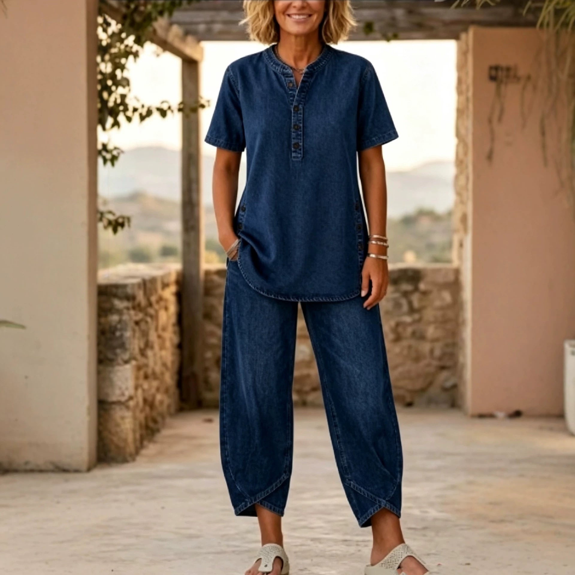 Women's Lapel Button-Up Top & Pants Two-Piece Set – Three-Quarter Sleeve FitiqueFit