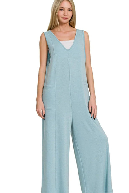 Zenana French Terry Deep V Neck Jumpsuits West2East Surf