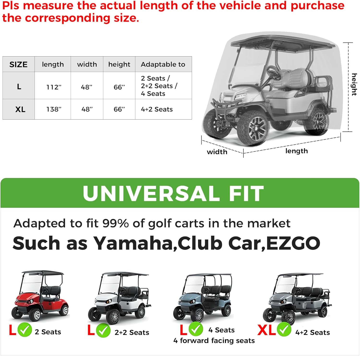 Golf Cart Cover 2/4/4+2 Passenger for Yamaha EZGO Club Car, Heavy Duty 420D Waterproof Windproof Durable Oxford Golf Cart Cover with 3 Zipper Doors for All-Weather Protection (Black/Silver)