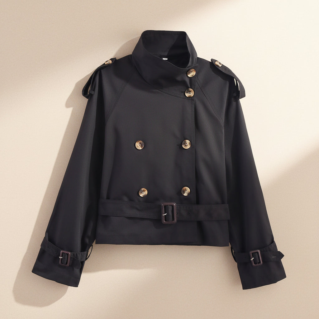 Women's Notch-Collar Short Trench Coat with Belt Buckle Detail FitiqueFit