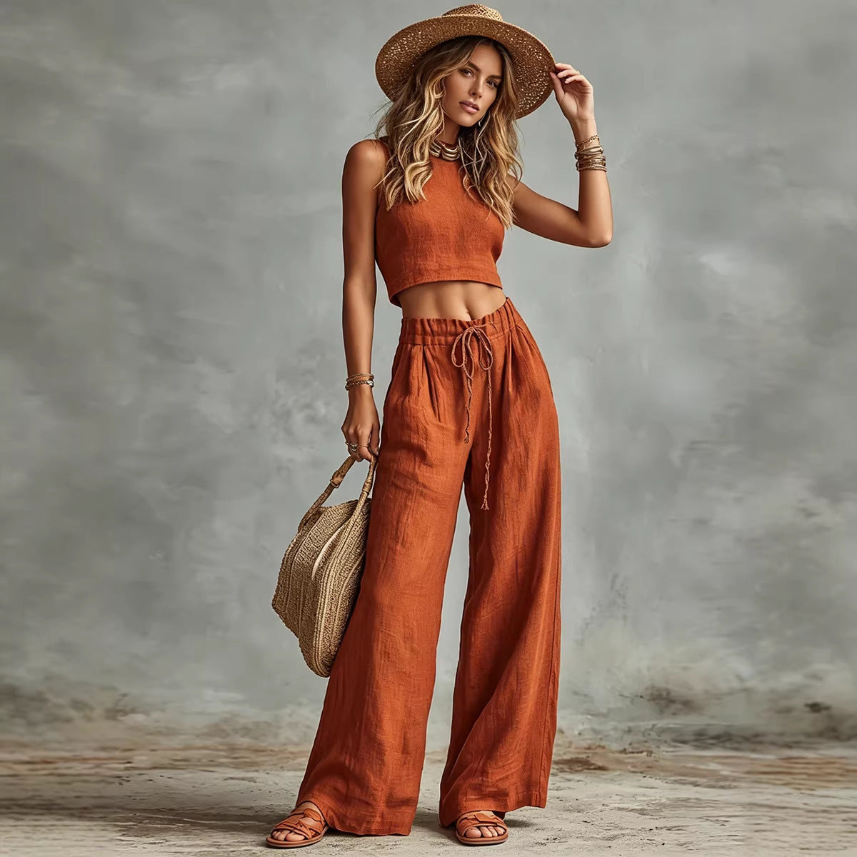 Women's Sleeveless Vest & Drawstring High-Waist Wide-Leg Pants Set FitiqueFit