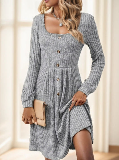 Elegant Long Sleeve Ribbed Knit Dress With Button Details Grayceful LLC
