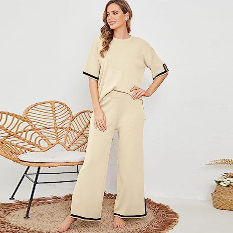 New Knitting Suit Sweater Suit Short Sleeve Pullover Wide Leg Pants Grayceful LLC
