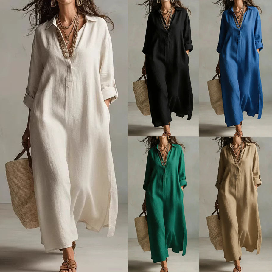 Women's Casual Long-Sleeve Linen Shirt Dress – Relaxed Fit FitiqueFit