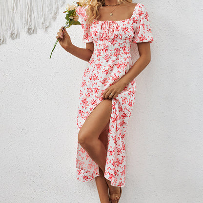 Square Neck Floral Print Dress With Puff Sleeves & Side Slit Maxi Dress FitiqueFit
