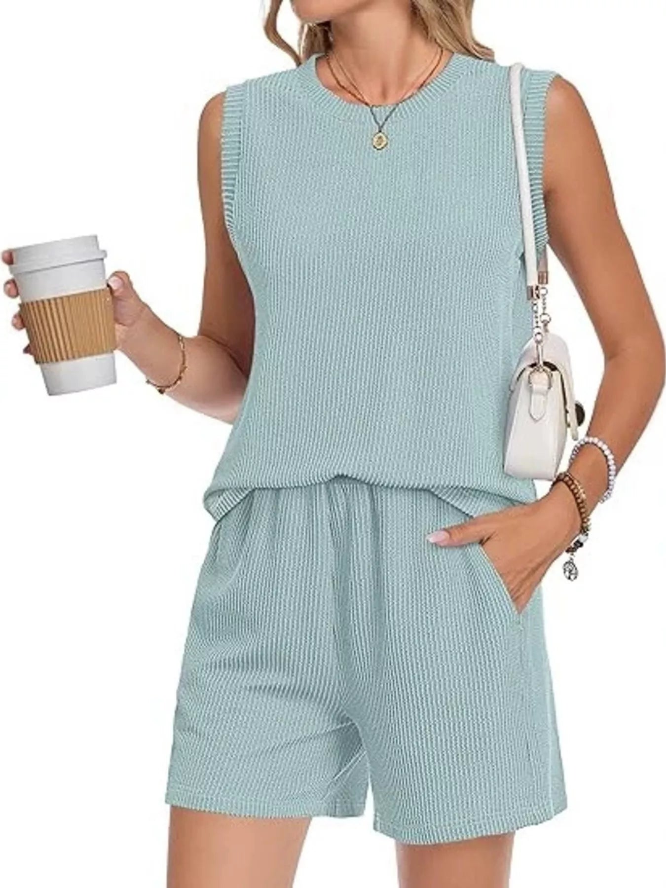 Casual Ribbed Knit Sleeveless Top and Shorts Set New Era Fashion LLc