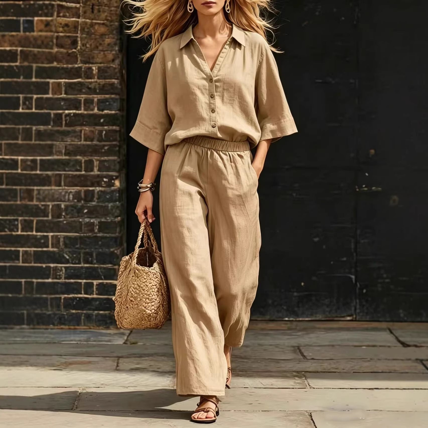 Short-Sleeve Shirt & Loose Pants Set – Casual Two-Piece FitiqueFit
