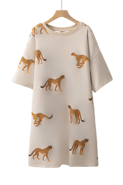 Apricot Plus Size Cheetah Print Side Pockets T Shirt Mini Dress Garden Naked Curves