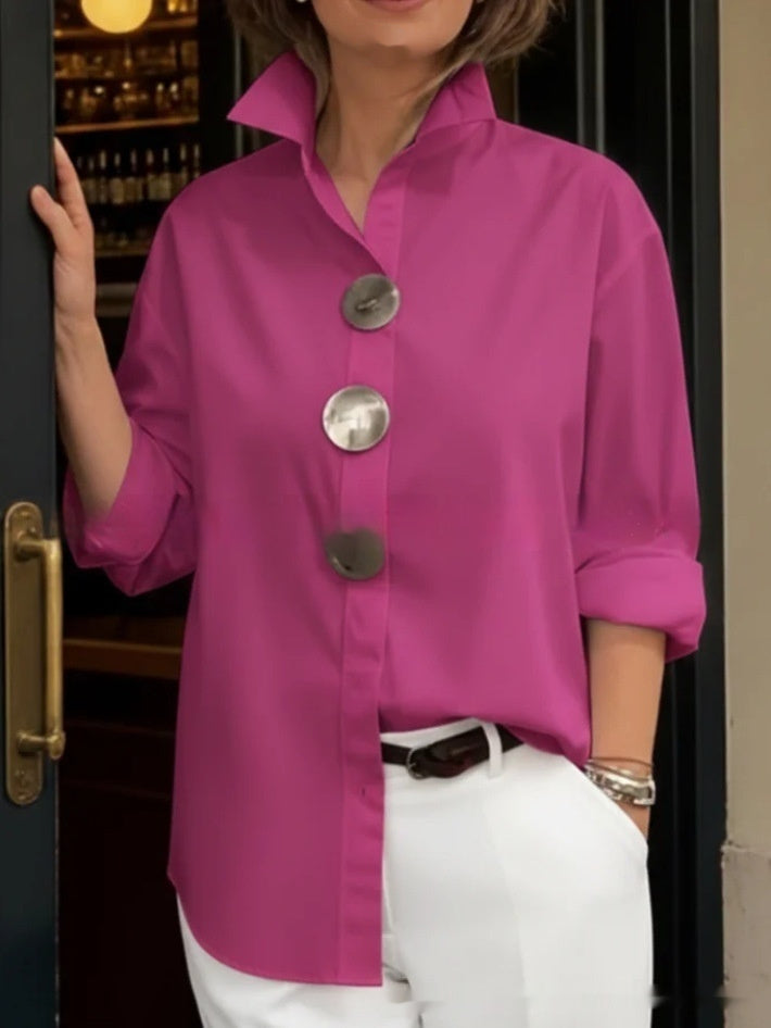 Stand-Up Collar Metal Button Long Sleeve Shirt – Women’s Loose Fit FitiqueFit