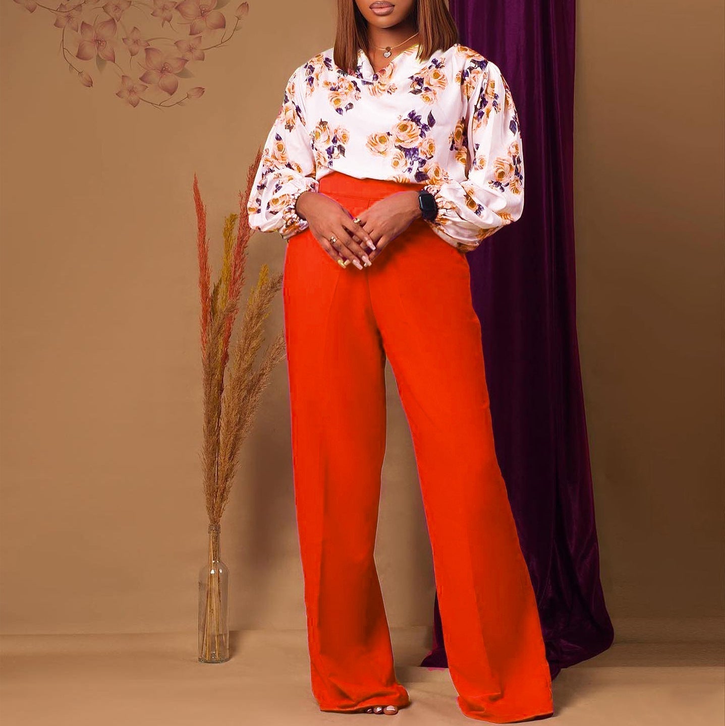 Printed Floral Lace-Up Top & Wide-Leg Pants Set – 4 Colors, S–3XL FitiqueFit
