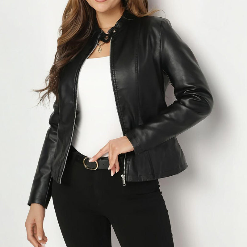 Women's Solid Color Long Sleeve Stand Collar Faux Leather Blazer FitiqueFit