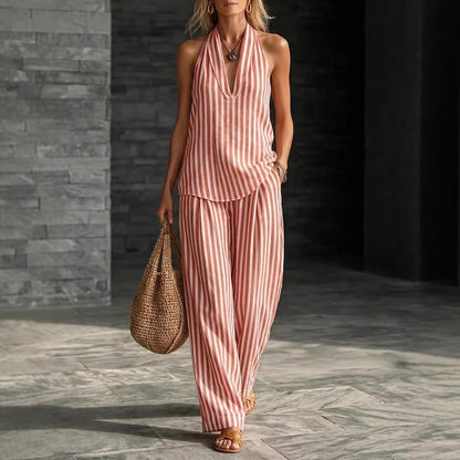 Women's Striped Sleeveless Top & Wide-Leg Pants Set – Fashionable 2-Piece FitiqueFit
