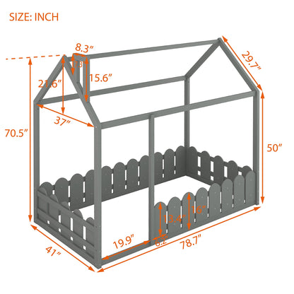 {Slats are not included}Twin Size Wood Bed House Bed Frame with Fence for Kids Teens Girls Boys {Gray}