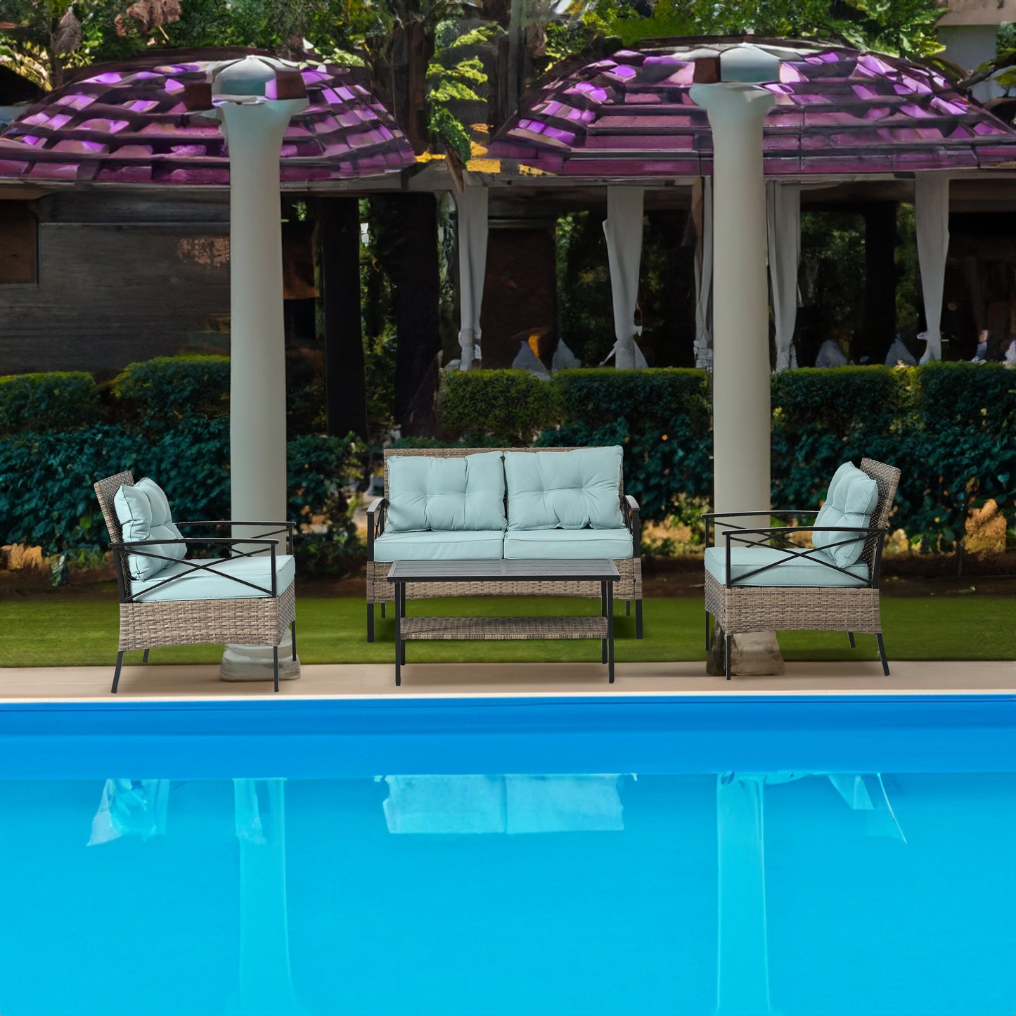Patio Furniture, Outdoor Furniture, Seasonal PE Wicker Furniture, Four Set Wicker Furniture With Black Metal Table V.I.P Digital Presence