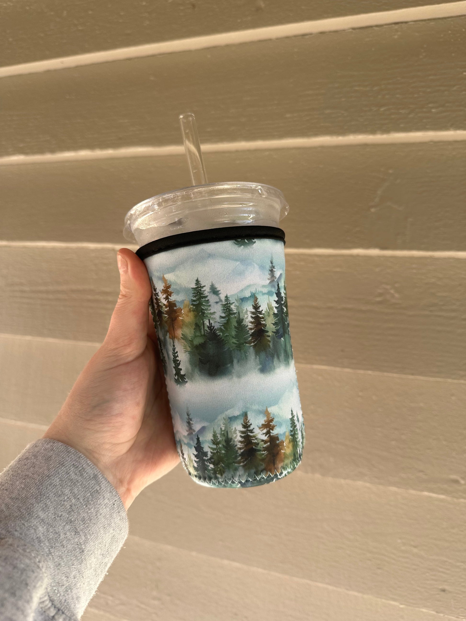 Forest mountain Coffee Sleeve | Reusable Neoprene Iced Coffee Cup Cover 16-24oz Cowboy Print Eco-Friendly Insulator for Grande & Venti Cups BashDesignsCo