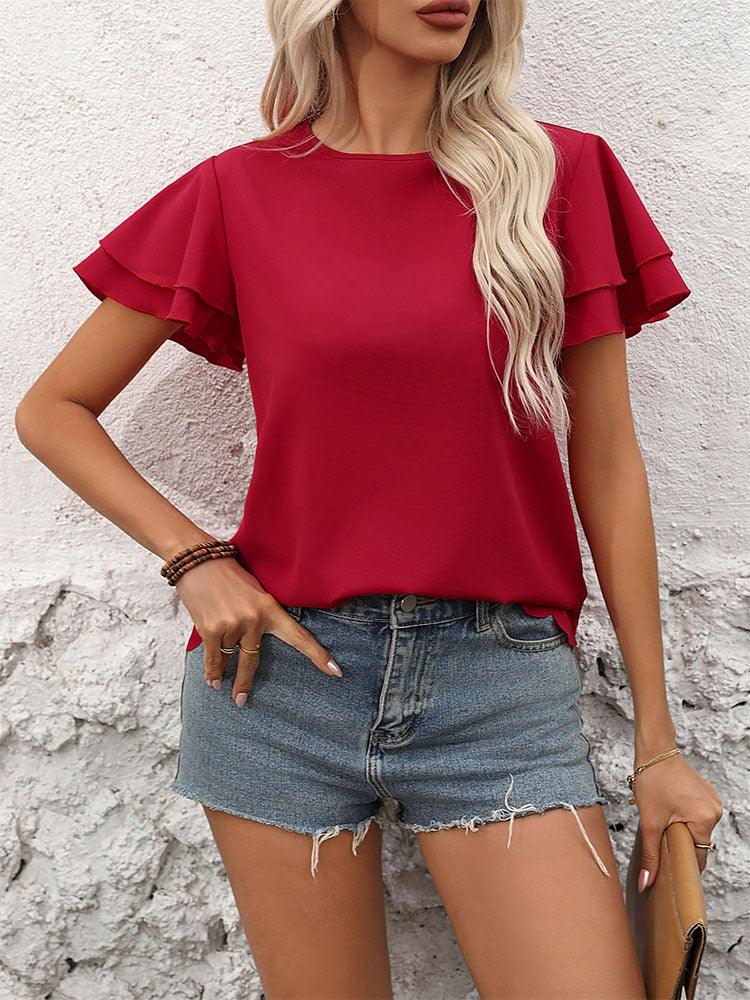Lotus Blossom Ruffle Top - Stylish Red Double-layer Lotus Leaf Sleeve Blouse Country in My Heart
