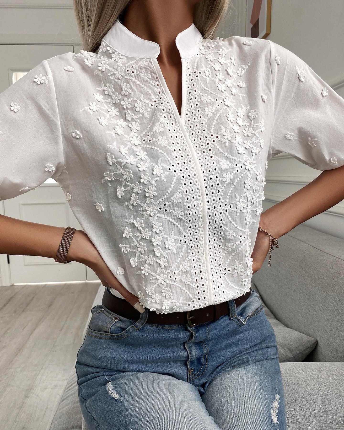 French Lace Embroidered Top - Stylish Stand Up Collar Top for Trendy Women Country in My Heart