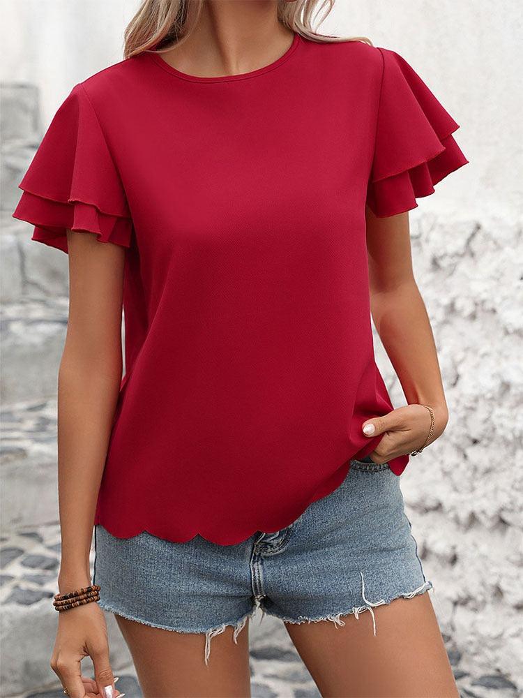 Lotus Blossom Ruffle Top - Stylish Red Double-layer Lotus Leaf Sleeve Blouse Country in My Heart
