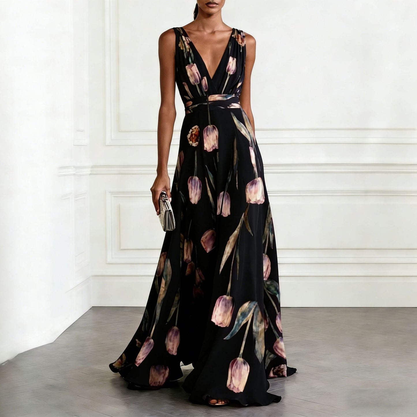 Women's Tulip Print Sleeveless Deep V-Neck A-Line Maxi Dress – 7 Colors FitiqueFit
