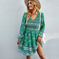 Bohemian Long Sleeve V-Neck Dress with Skirt