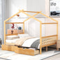Full Size House Platform Bed with Two Drawers,Headboard and Footboard Roof Design Natural