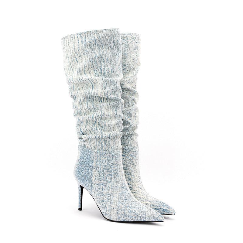 White Denim High Heel Tall Boots Country in My Heart