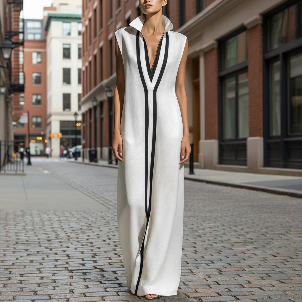 Women's V-Neck Color-Block Sleeveless A-Line Maxi Dress – 4 Colors XS–2XL FitiqueFit