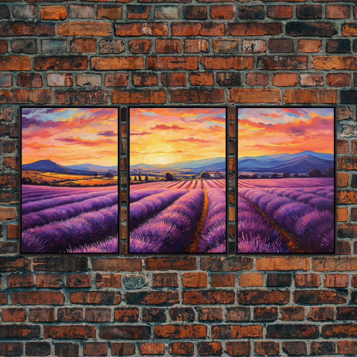 Purple Lavender Fields, 3 Piece Wall Art, Framed Canvas Print, Beautiful Original Landscape Painting, Sunset Painting, Farmhouse Decor NuevArt