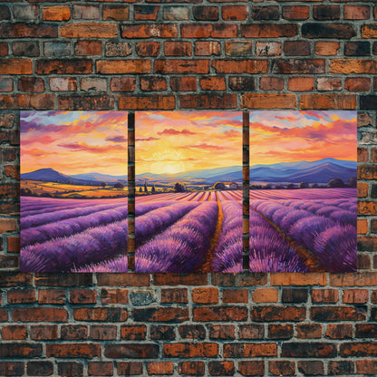 Purple Lavender Fields, 3 Piece Wall Art, Framed Canvas Print, Beautiful Original Landscape Painting, Sunset Painting, Farmhouse Decor NuevArt