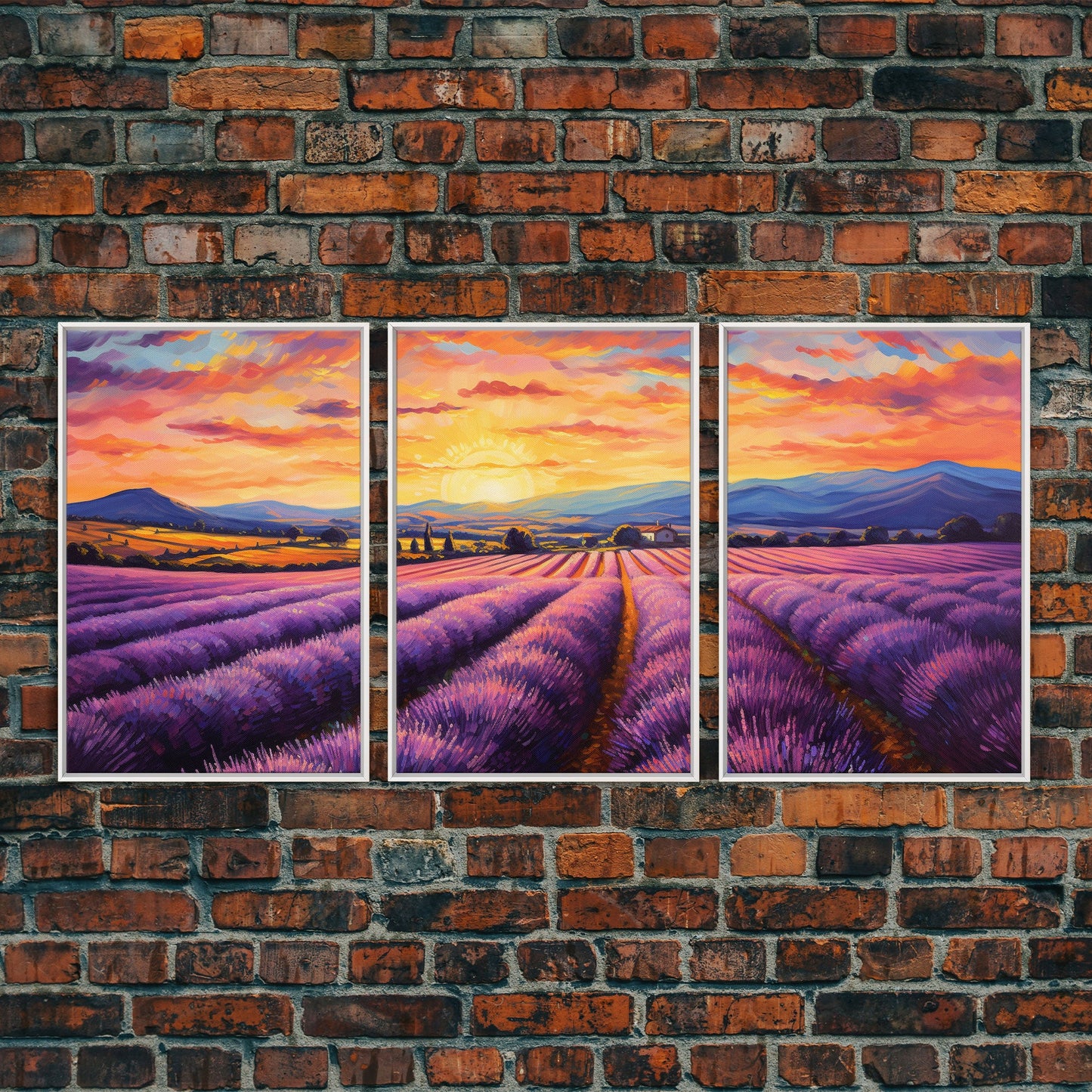 Purple Lavender Fields, 3 Piece Wall Art, Framed Canvas Print, Beautiful Original Landscape Painting, Sunset Painting, Farmhouse Decor NuevArt