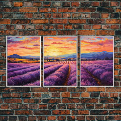 Purple Lavender Fields, 3 Piece Wall Art, Framed Canvas Print, Beautiful Original Landscape Painting, Sunset Painting, Farmhouse Decor NuevArt