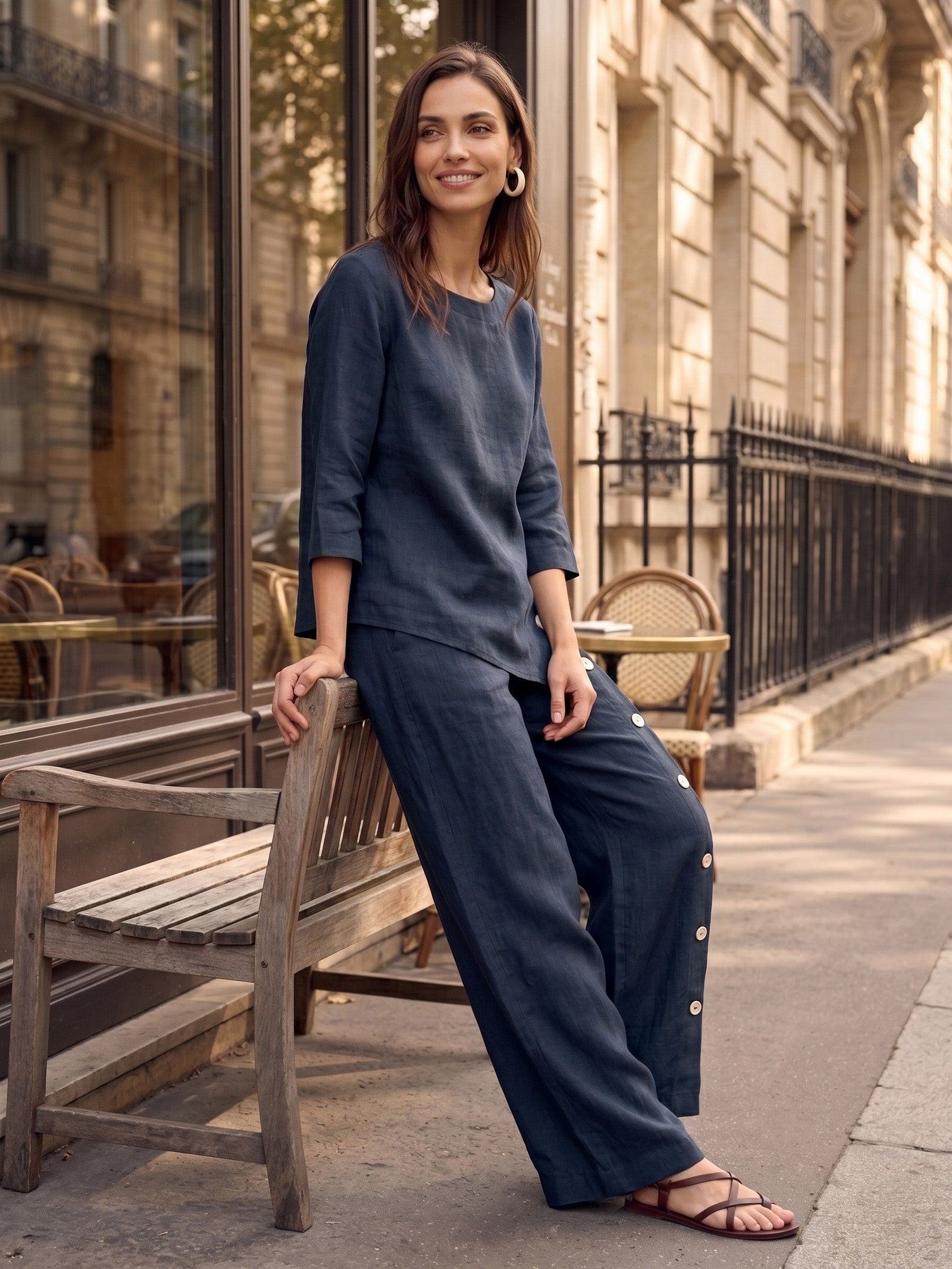 100% Linen Asymmetric-Hem Button-Trim Top NYLA LINTICO