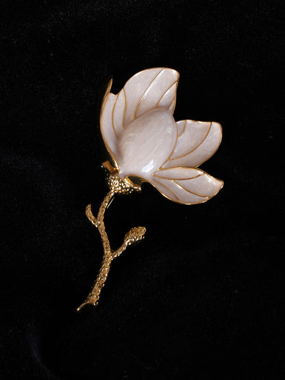 Enamel & Alloy Camellia Carved Brooch