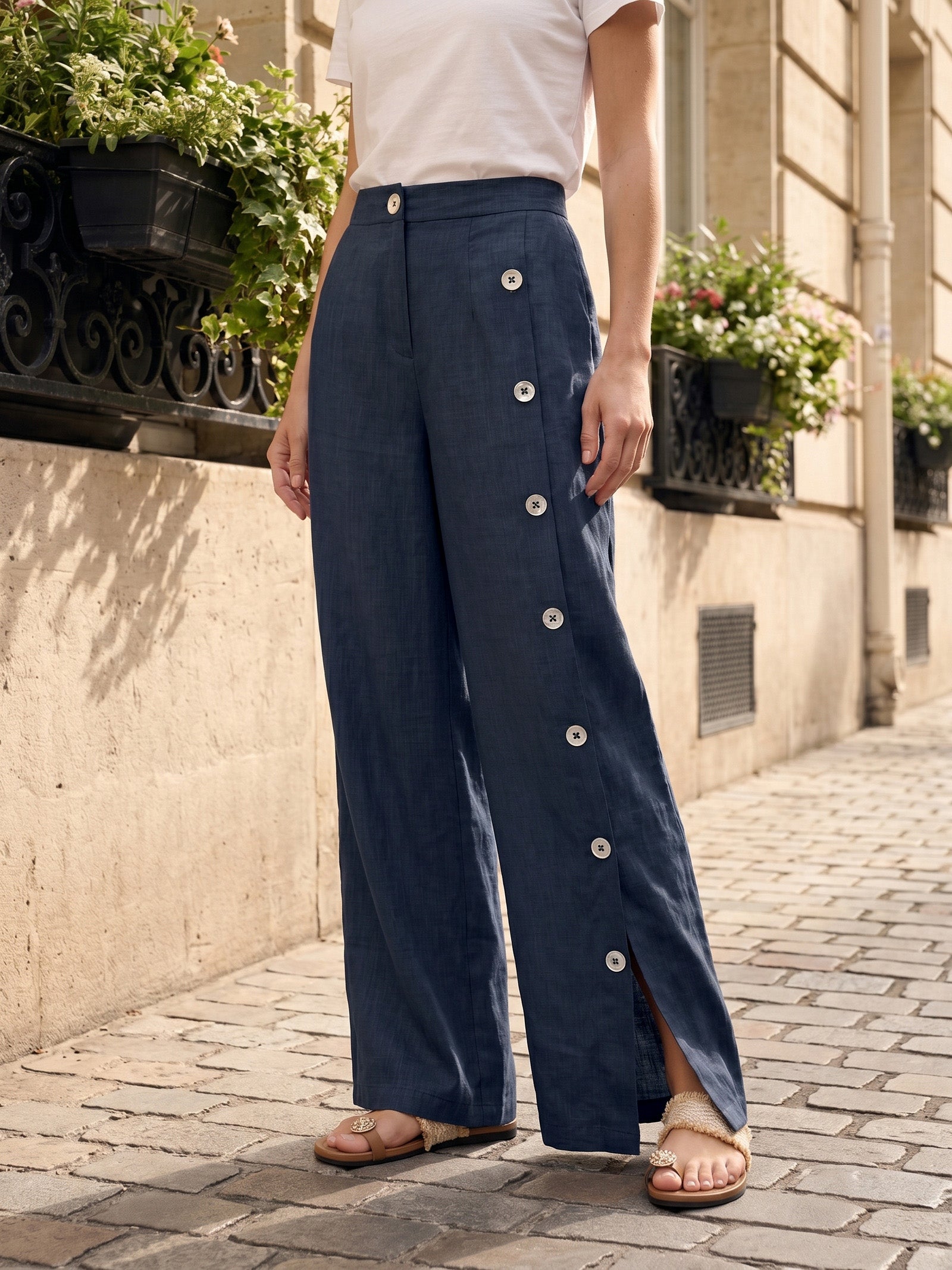 100% Linen Buttoned Slit-Hem Pants KATYA LINTICO