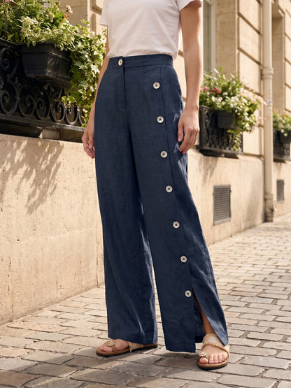 100% Linen Buttoned Slit-Hem Pants KATYA LINTICO