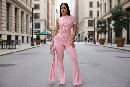 Women's Crew-Neck Pleated Ribbon Flare Jumpsuit FitiqueFit