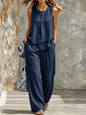 Women's Sleeveless Two-Piece Set – Solid Color Wide-Leg Pants & Top FitiqueFit