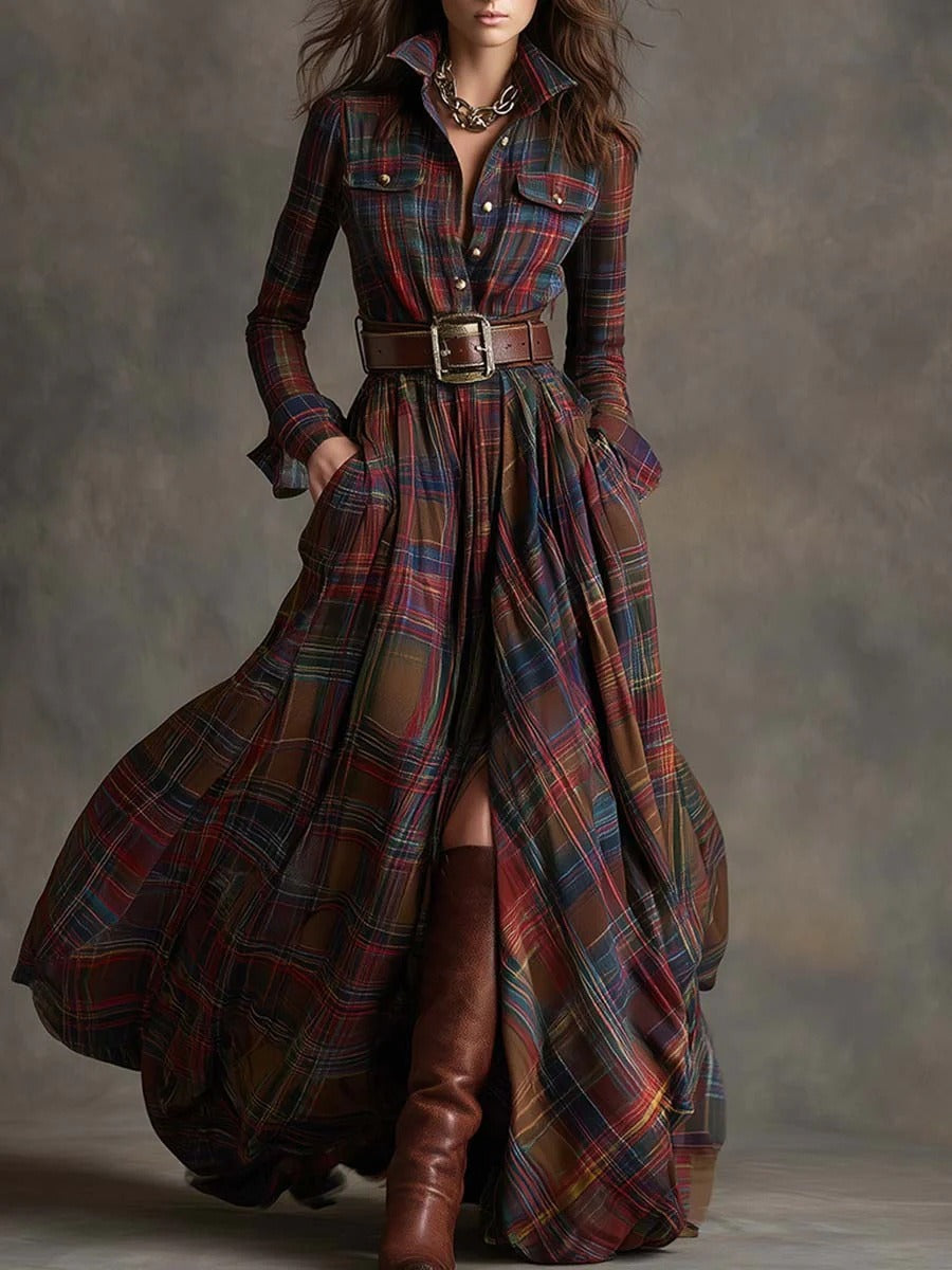 Women's Plus Size Plaid Print Long Sleeve Shirt Dress with Pockets FitiqueFit