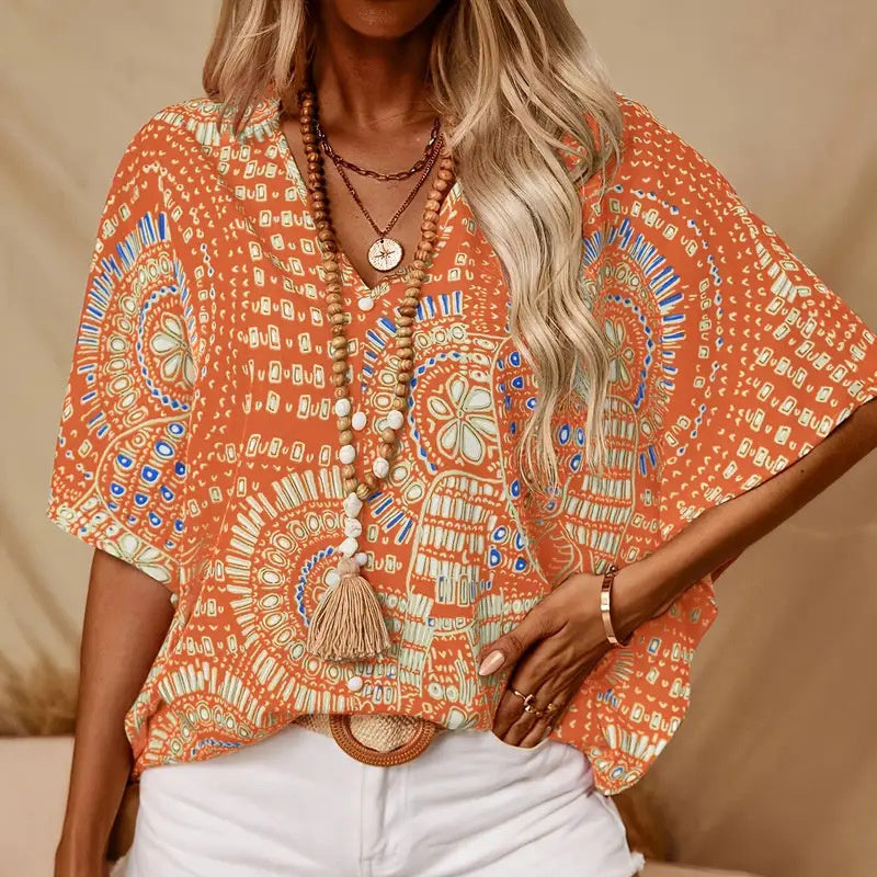 Mandala Print V-Neck Blouse – Casual Vacation Top FitiqueFit