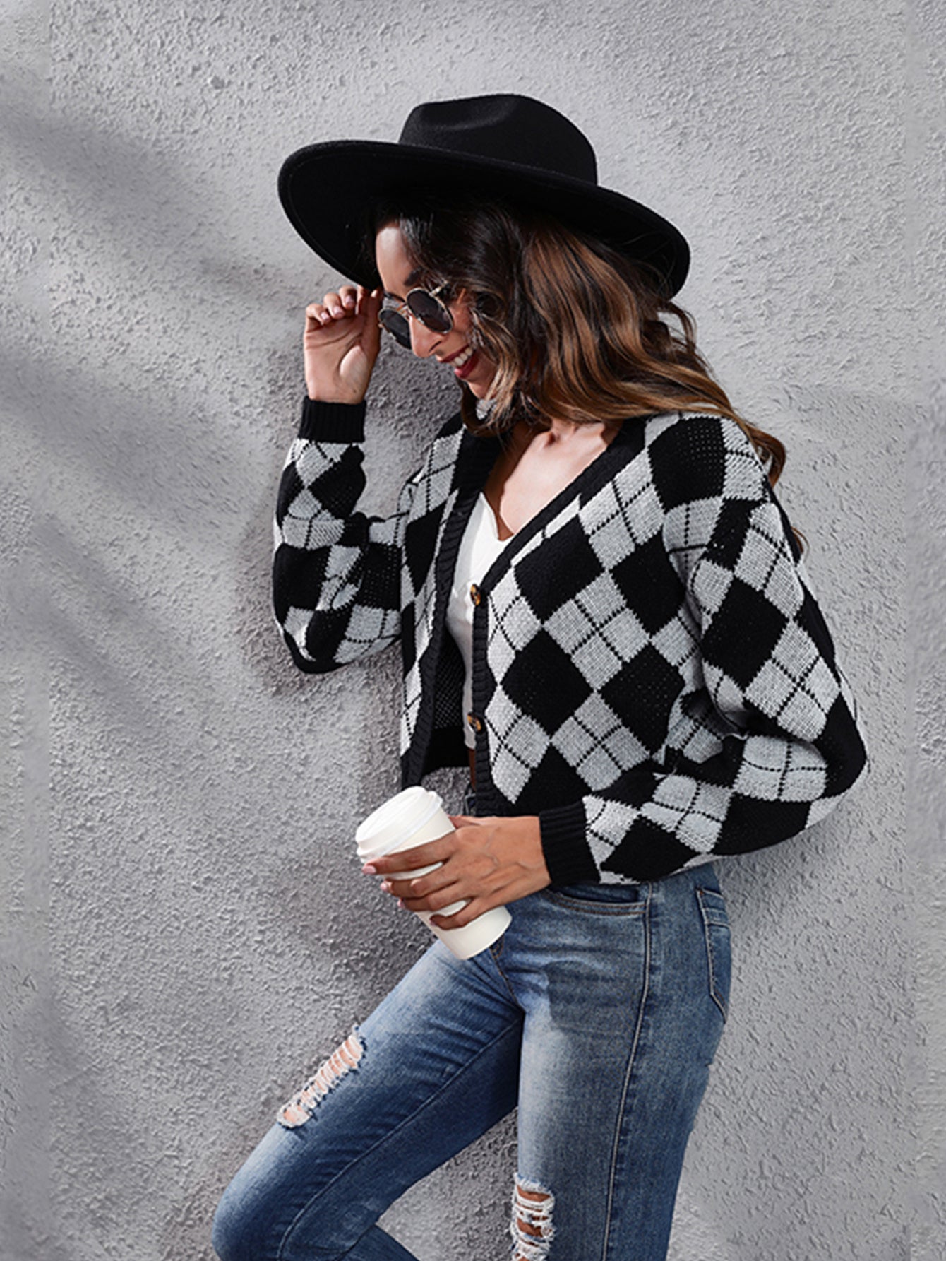Women'S Elegant Tartan Knit Cardigan, V-Neck Short Length Sweater with Button Detail, Acrylic 100% Long Sleeve Knitwear for Fall/Winter NovaCart