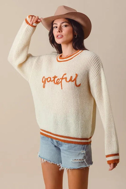 SO ME Thanksgiving Grateful Lettering Stitch Sweater West2East Surf