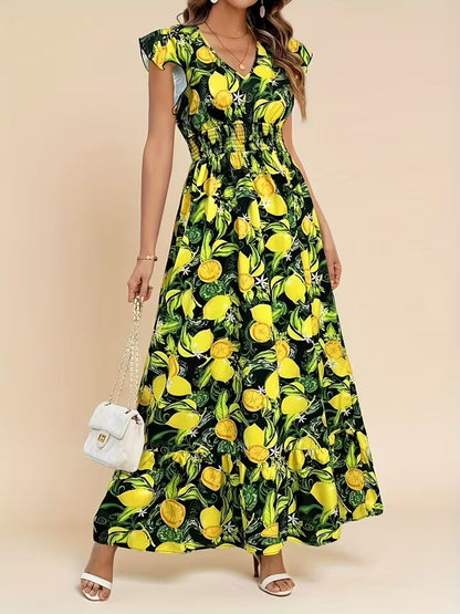 Women's V-Neck Floral Print A-Line Midi Dress – High Waist Sleeveless FitiqueFit