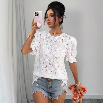 Women's Hollow-Out Lace Puff-Sleeve Shirt Top – Loose Fit FitiqueFit