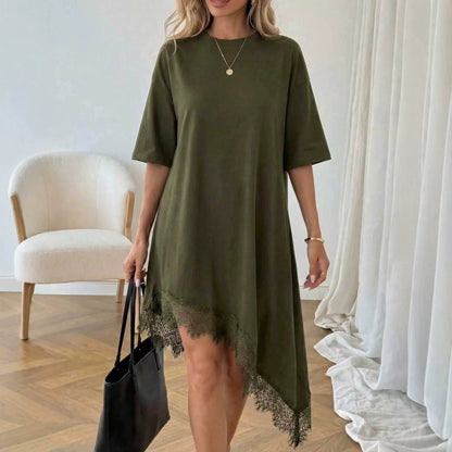 Women's Lace Trim Asymmetric Three-Quarter Sleeve Dress FitiqueFit