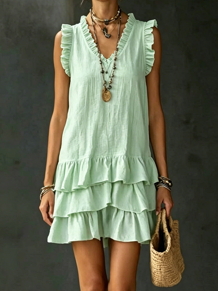 V-Neck Ruffle-Trim Tiered Sleeveless Midi Dress – 4 Colors, S–XXL FitiqueFit