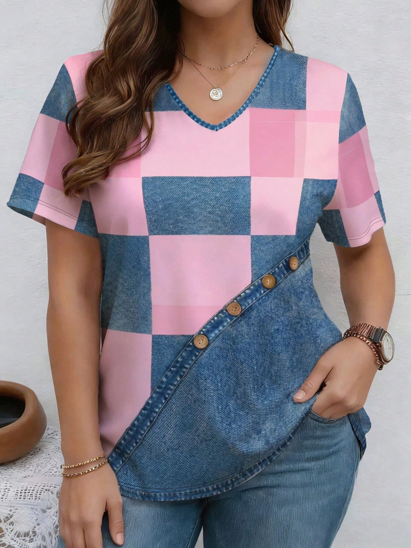 V-Neck Denim Print Short Sleeve T-Shirt | Loose Casual Tee FitiqueFit